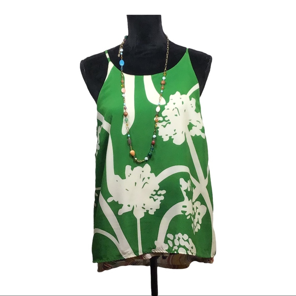 Anthropologie Porridge Green & Ivory Pattern Layered Tank Size: Medium